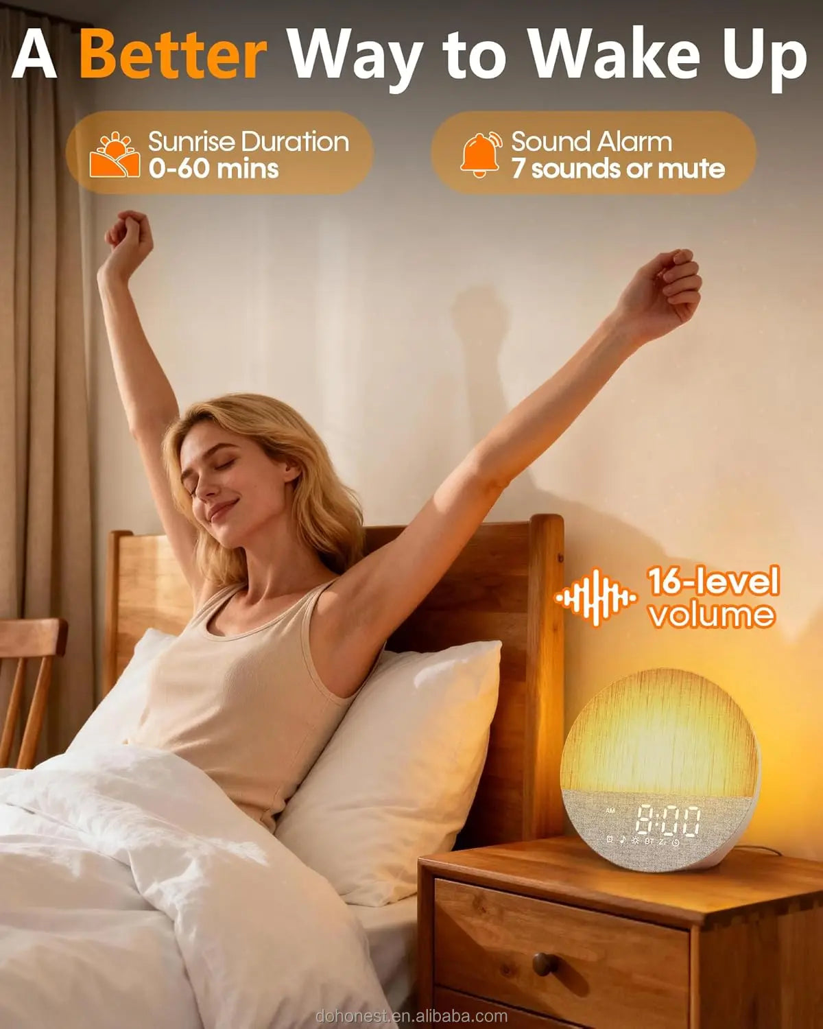 Sunrise Alarm Clock with White Noise, Gradual Wake-up Light, Anxiety Relief, Dimmable Bluetooth Memory, 30 Sleep Sounds