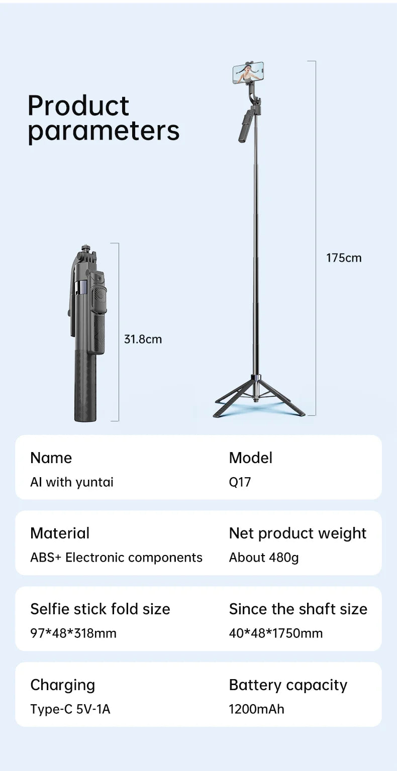 AI Smart Tracking Selfie Stick Tripod, 360° Rotatable 4‑Axis Stabilizer, Wireless Remote, Portable Phone Tripod for Selfies Vlog