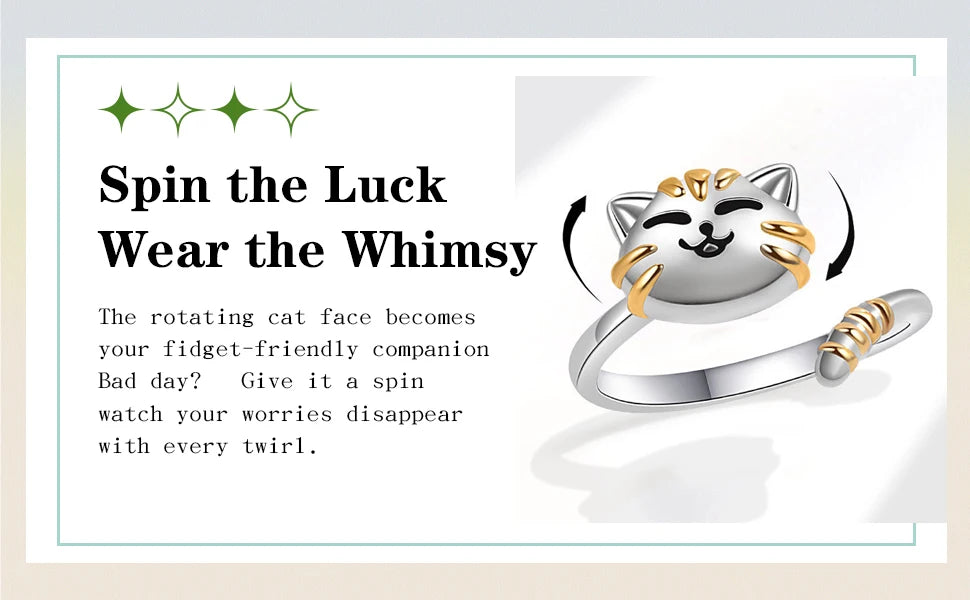 Cute Cartoon Cat Anxiety Relieve Spinner Rings Kitten Animal Anxiety Relieve Open Adjustable Fidget Ring Rotate Freely Jewelry