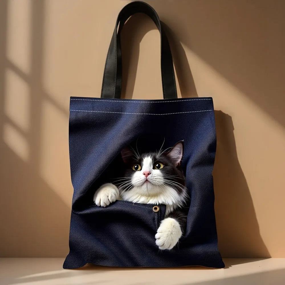 Chihuahua Peeking Out of Pocket Pattern Handbag Cute Cat Tote Bags for Shopping, Working School Sport Traveling Shoulder Bag