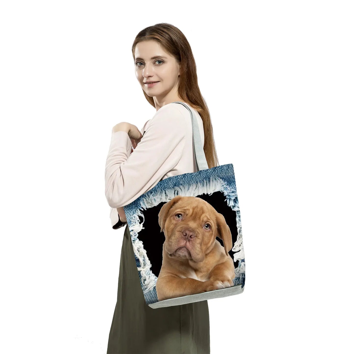Customizable Cute West Dog Handbags For Women Groceries Pug Retriever Shopping Bags Foldable Animal Large Capacity Shoulder Bag