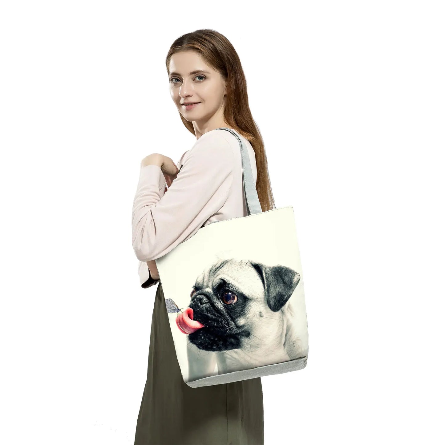 Customizable Cute West Dog Handbags For Women Groceries Pug Retriever Shopping Bags Foldable Animal Large Capacity Shoulder Bag