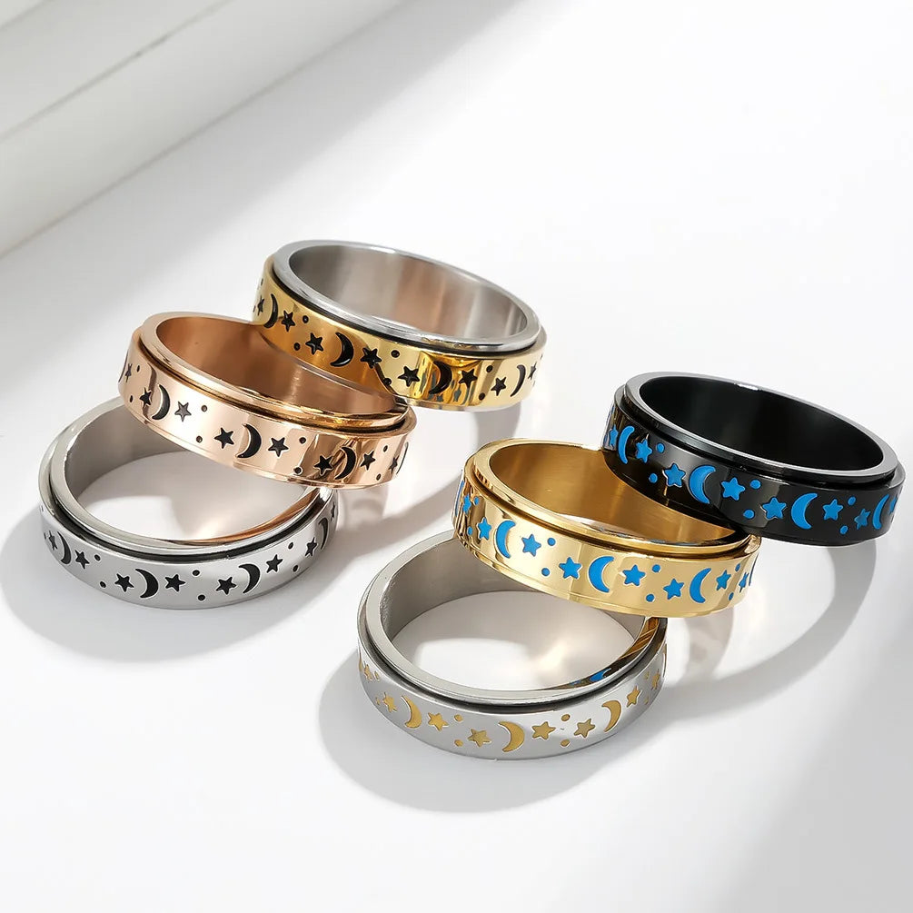 316L Titanium Steel Fidget Anxiety Ring Fashion Luminous Moon Star Design High Polished Rotatable Stacking Stainless Steel
