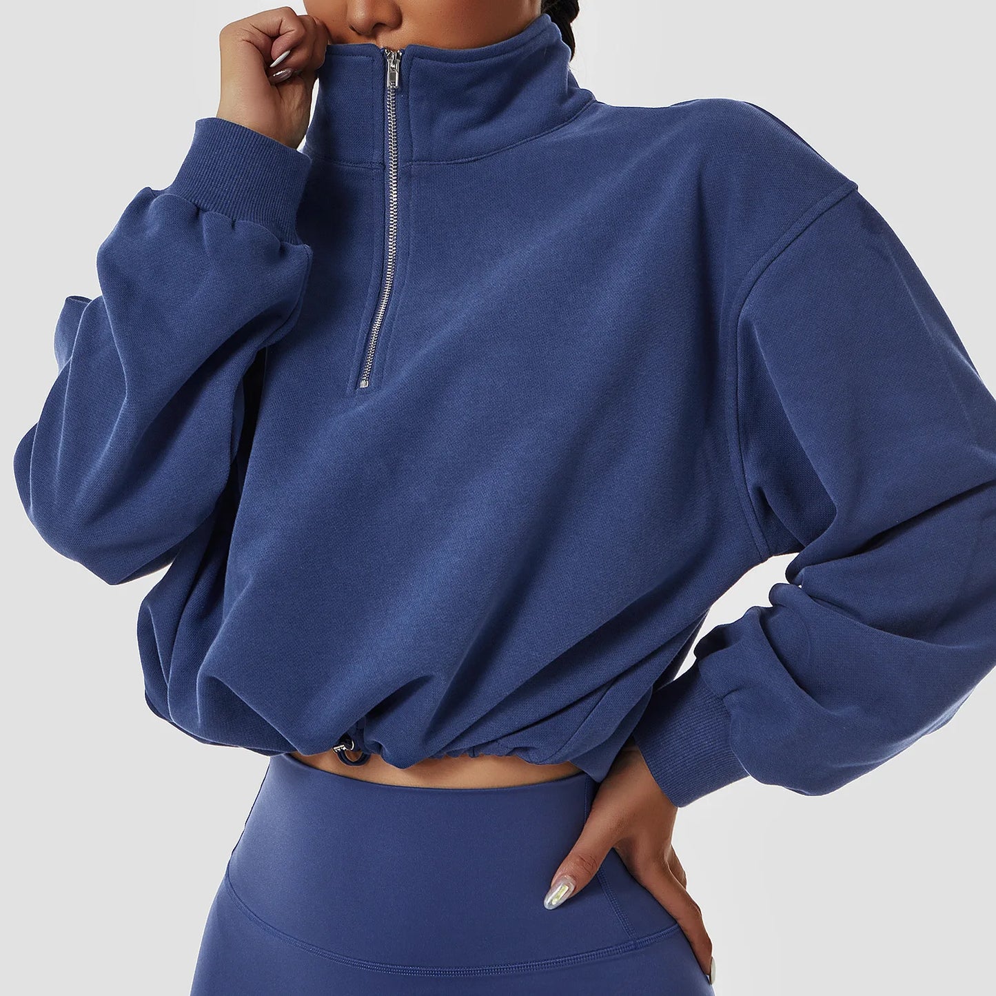 Women's Athletic Half Zip Crop Sweatshirt High Neck Long Sleeve Workout Hoodie Printed Knitted Fabric Casual Style for Autumn