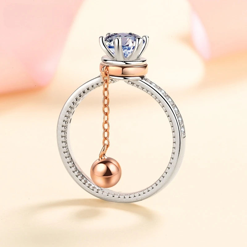 Wholesale Unique Rose Gold Plated Bell Anxiety Rotatable Chain Designer 925 Silver Round Cut 1CT VVS Moissanite Rings for Women