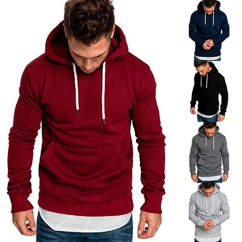 2021 New Men's Pure Color Outdoor Fitness Sports Slim Hoodie Top Men's Hooded Pullover