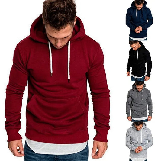 2021 New Men's Pure Color Outdoor Fitness Sports Slim Hoodie Top Men's Hooded Pullover