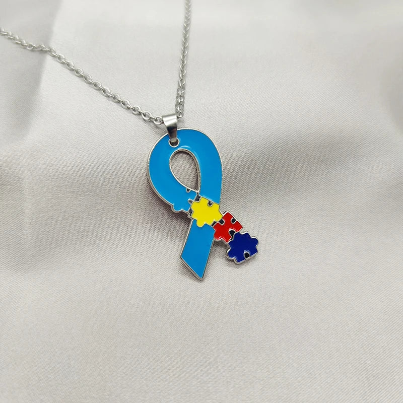 Manufacturer Enamel Jigsaw Puzzle Pieces Charm Autism Speaks Awareness Necklace Jewelry Rhinestone Pendant Necklaces