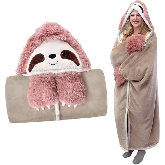 Sloth Cozy Blanket Wearable Wrap Hooded Cape Fleece Animal Hoodie TV Blanket Oversize With Sleeve