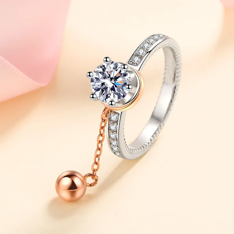 Wholesale Unique Rose Gold Plated Bell Anxiety Rotatable Chain Designer 925 Silver Round Cut 1CT VVS Moissanite Rings for Women