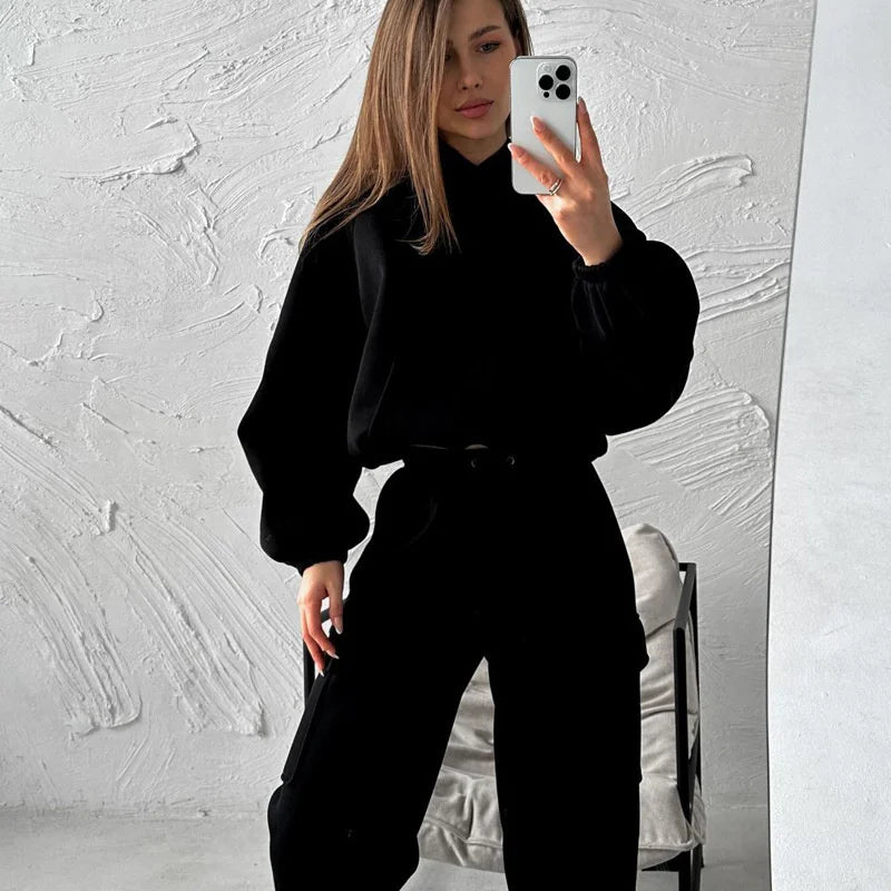 Autumn Women's New Fashion Short Sports Jogger Sweater Solid Casual Hoodie Top Pants Breathable  Winter 2 Piece Sport