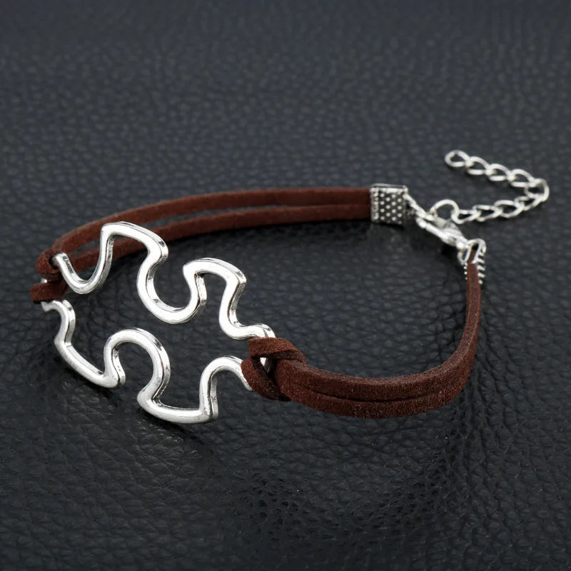 Autism Awareness Suede Leather Bracelet Puzzle Piece Charm Bracelet