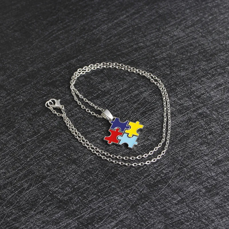 Manufacturer Enamel Jigsaw Puzzle Pieces Charm Autism Speaks Awareness Necklace Jewelry Rhinestone Pendant Necklaces
