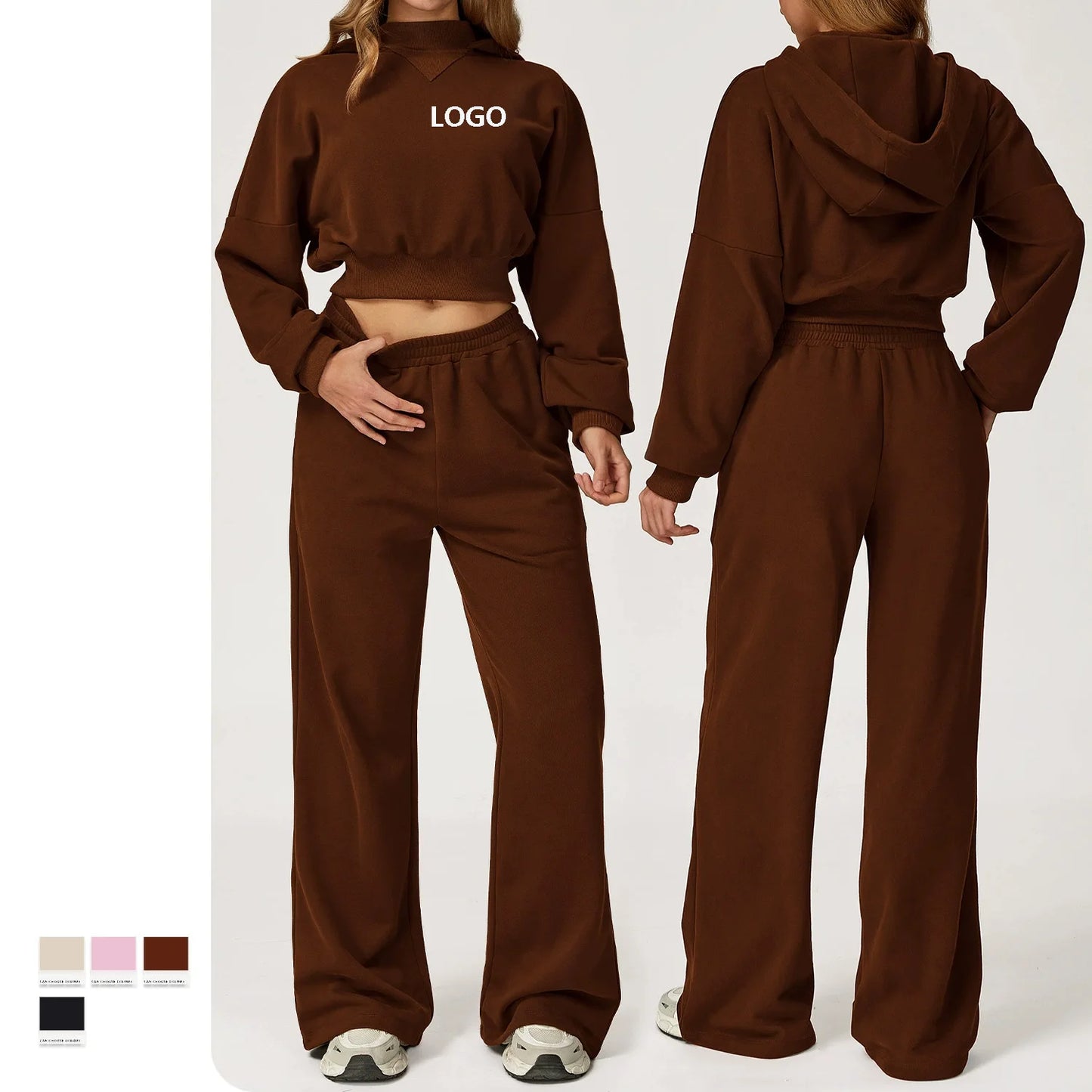 2026 Spring Women Workout Leisure Hoodies&Sweatpants Set Loose-fit Cropped Jogging Sportswear Tracksuits