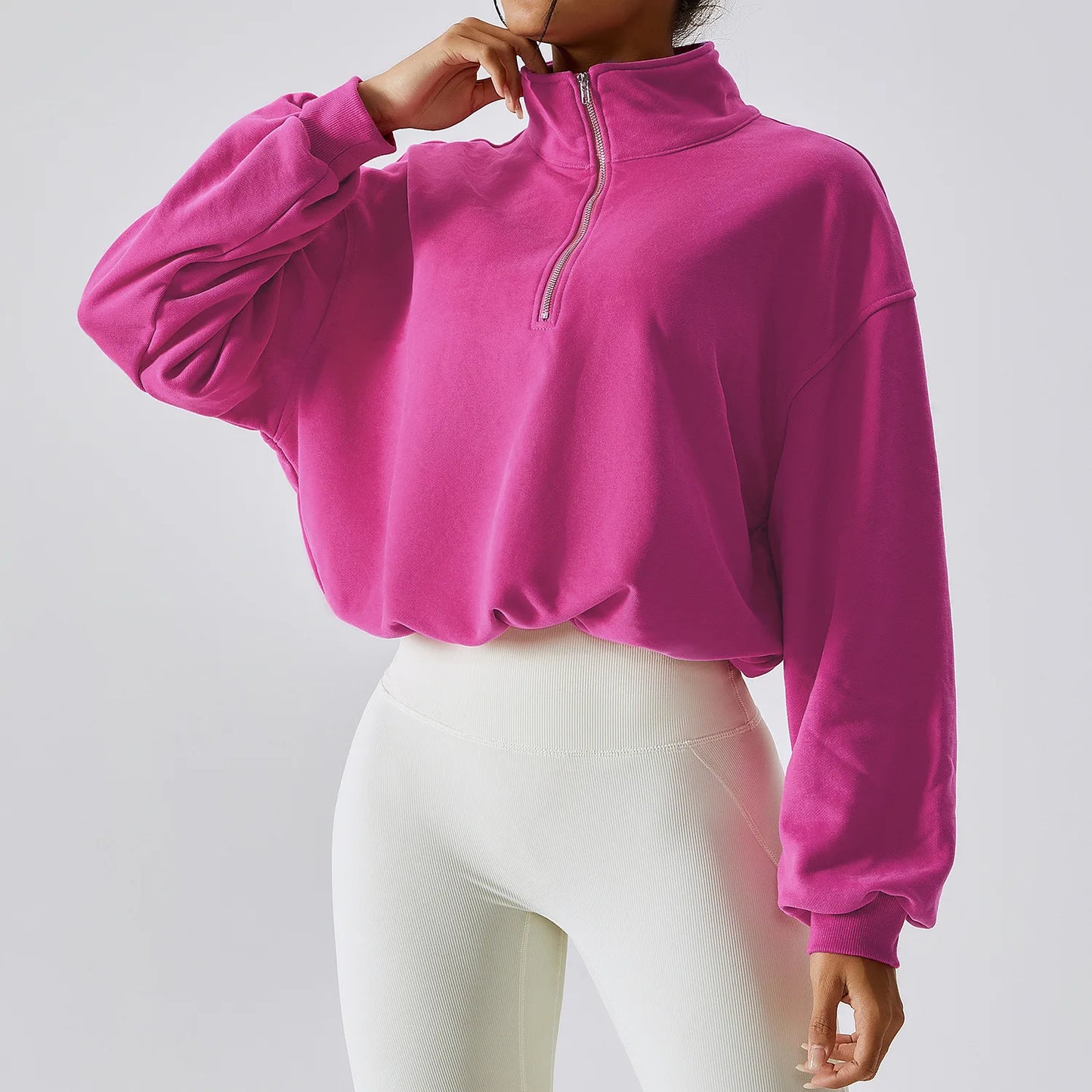 Women's Athletic Half Zip Crop Sweatshirt High Neck Long Sleeve Workout Hoodie Printed Knitted Fabric Casual Style for Autumn