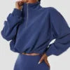 Women's Athletic Half Zip Crop Sweatshirt High Neck Long Sleeve Workout Hoodie Printed Knitted Fabric Casual Style for Autumn