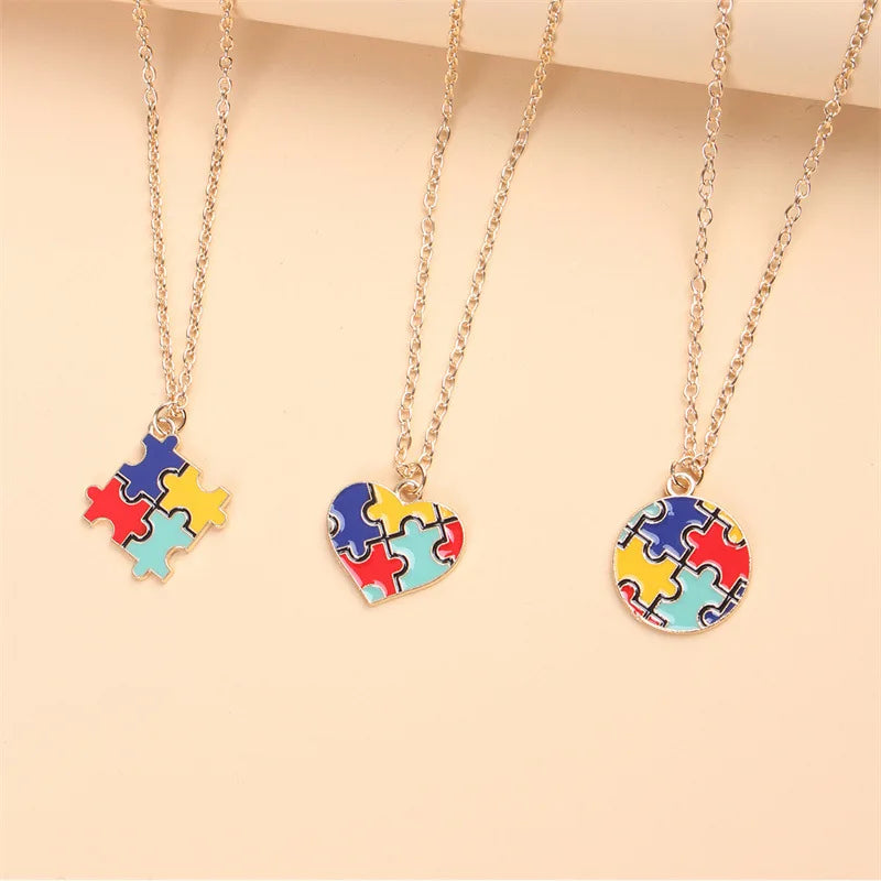 Manufacturer Enamel Jigsaw Puzzle Pieces Charm Autism Speaks Awareness Necklace Jewelry Rhinestone Pendant Necklaces