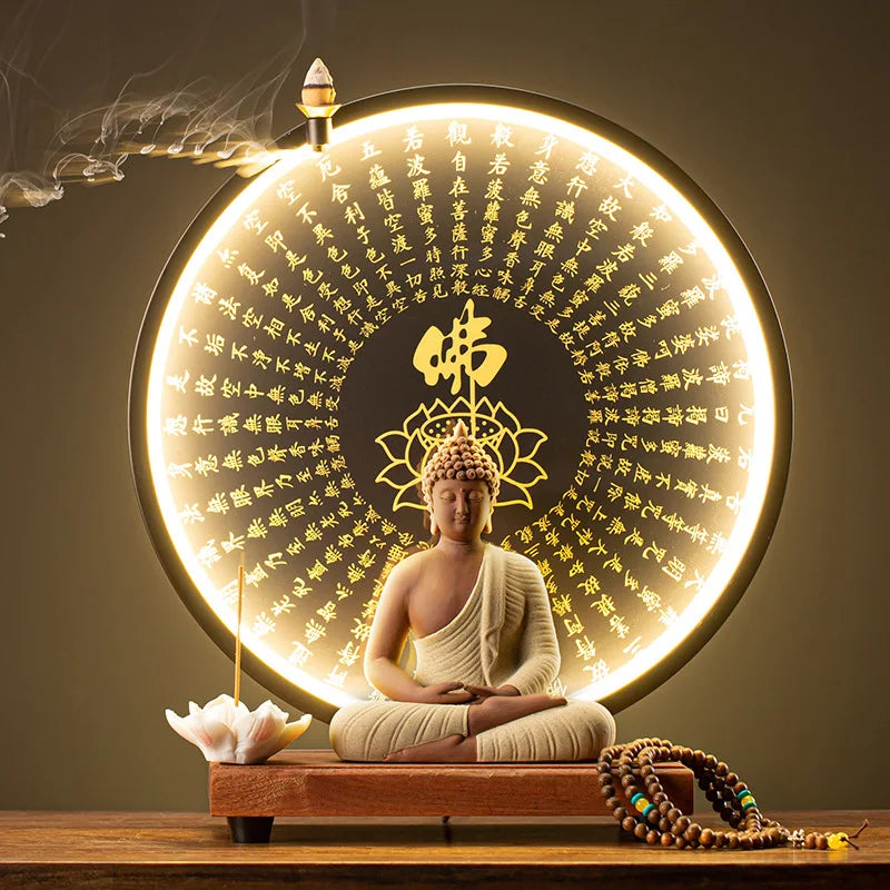 Light-emitting Diode Lamp Buddha Meditation Ceramic Guanyin Bodhisattva Shape Backflow Incense Burner Aromatic Sandalwood