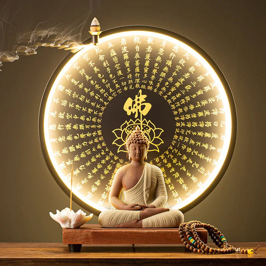 Light-emitting Diode Lamp Buddha Meditation Ceramic Guanyin Bodhisattva Shape Backflow Incense Burner Aromatic Sandalwood