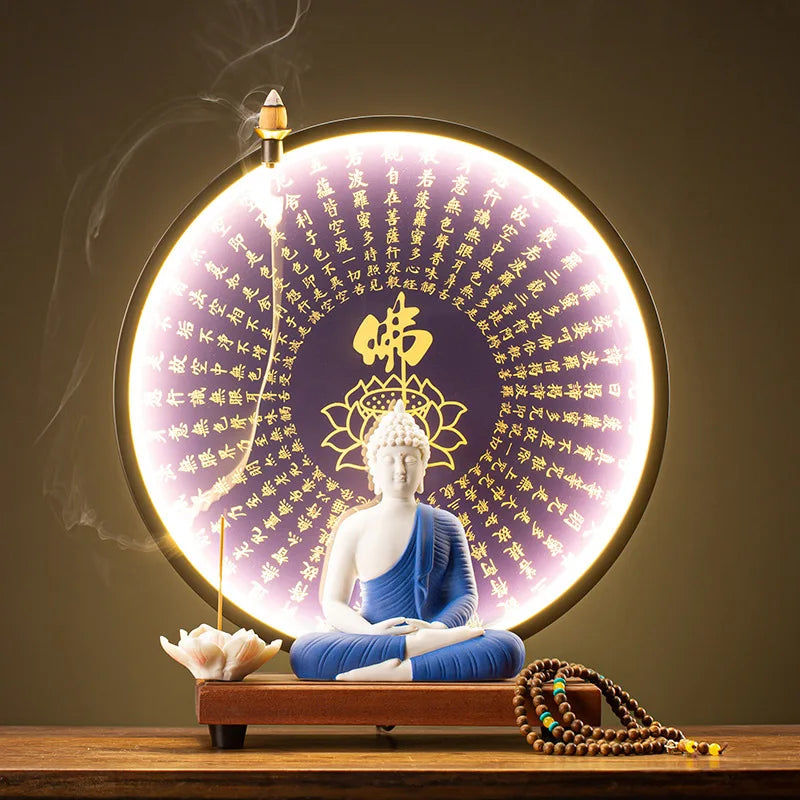 Light-emitting Diode Lamp Buddha Meditation Ceramic Guanyin Bodhisattva Shape Backflow Incense Burner Aromatic Sandalwood