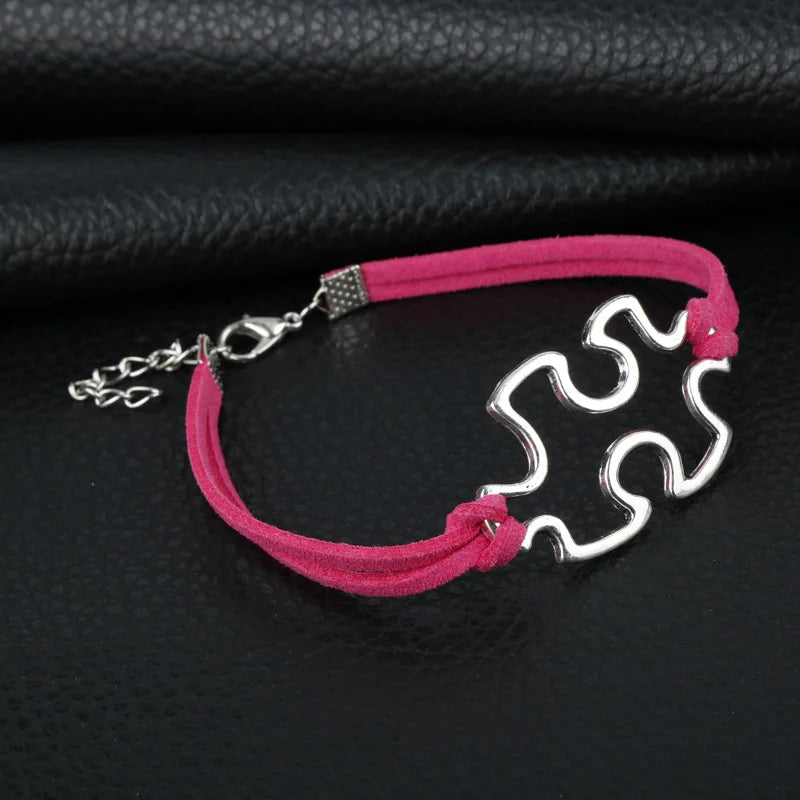 Autism Awareness Suede Leather Bracelet Puzzle Piece Charm Bracelet