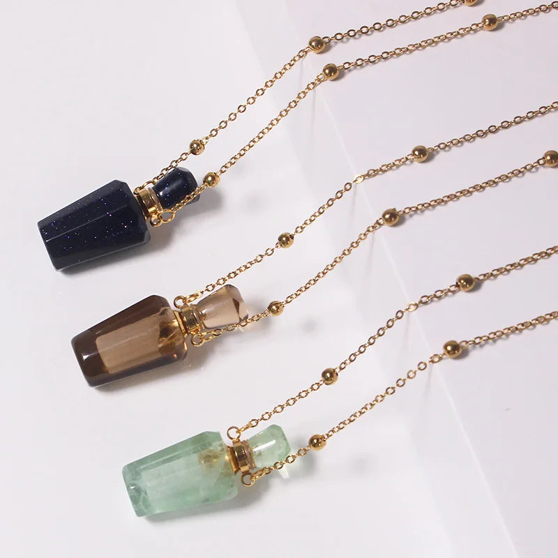 Reiki Natural White Crystal Amethyst Perfume Essential Oil Bottle Aromatherapy Hair Powder Empty Bottle Fashion Pendant Necklace
