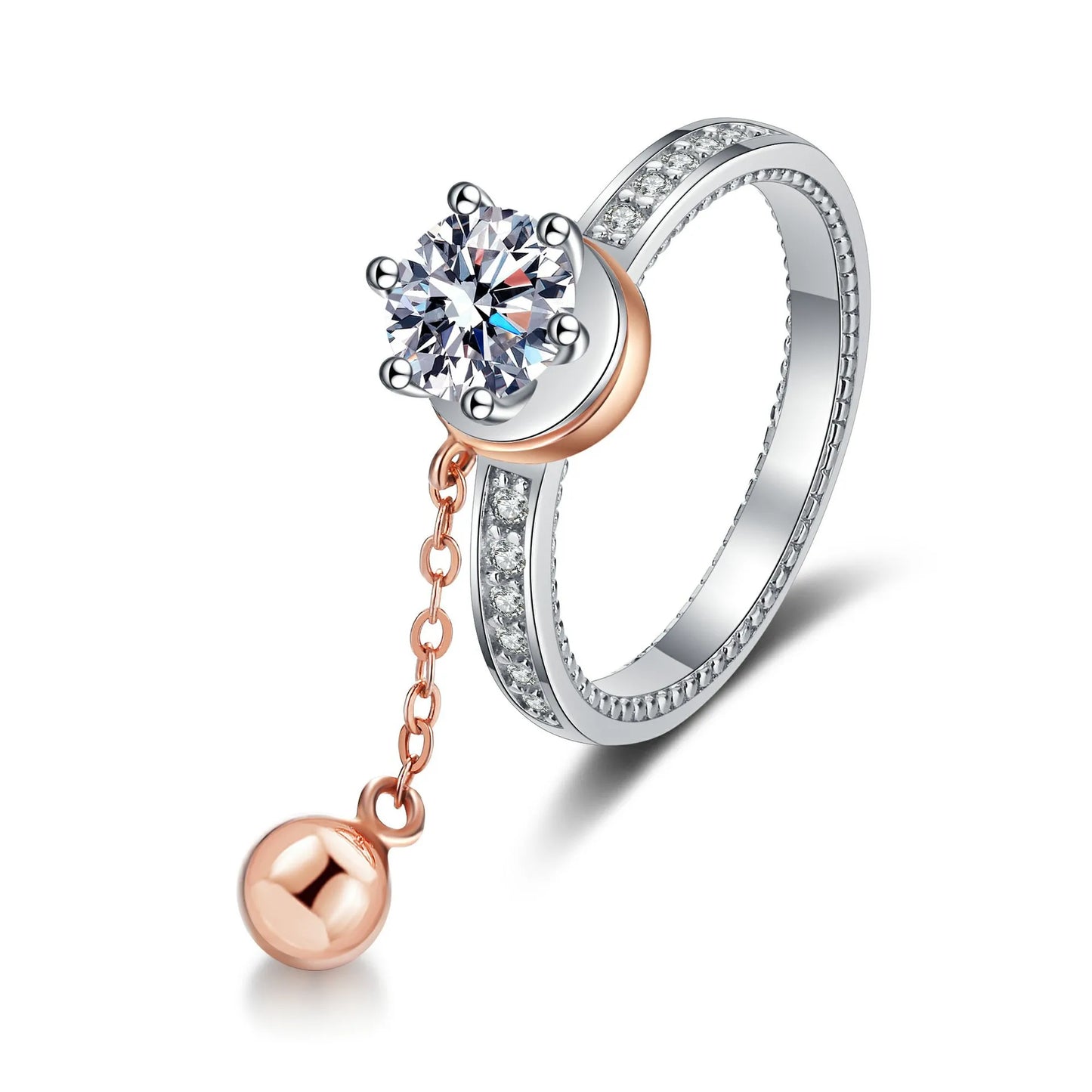 Wholesale Unique Rose Gold Plated Bell Anxiety Rotatable Chain Designer 925 Silver Round Cut 1CT VVS Moissanite Rings for Women