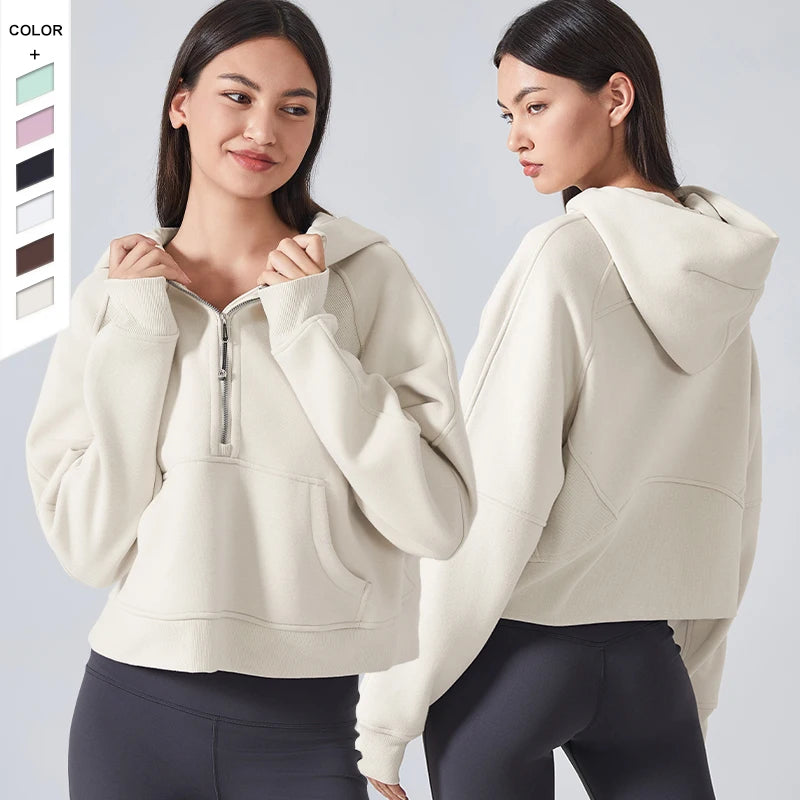 Autumn Winter New Warm Inner Velvet Sports Hoodie Stand up Collar Hoodie Half Zipper Sports Hoodie