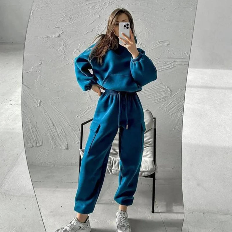 Autumn Women's New Fashion Short Sports Jogger Sweater Solid Casual Hoodie Top Pants Breathable  Winter 2 Piece Sport