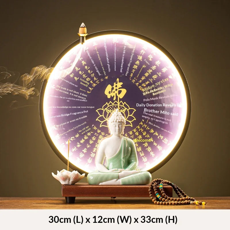 Light-emitting Diode Lamp Buddha Meditation Ceramic Guanyin Bodhisattva Shape Backflow Incense Burner Aromatic Sandalwood