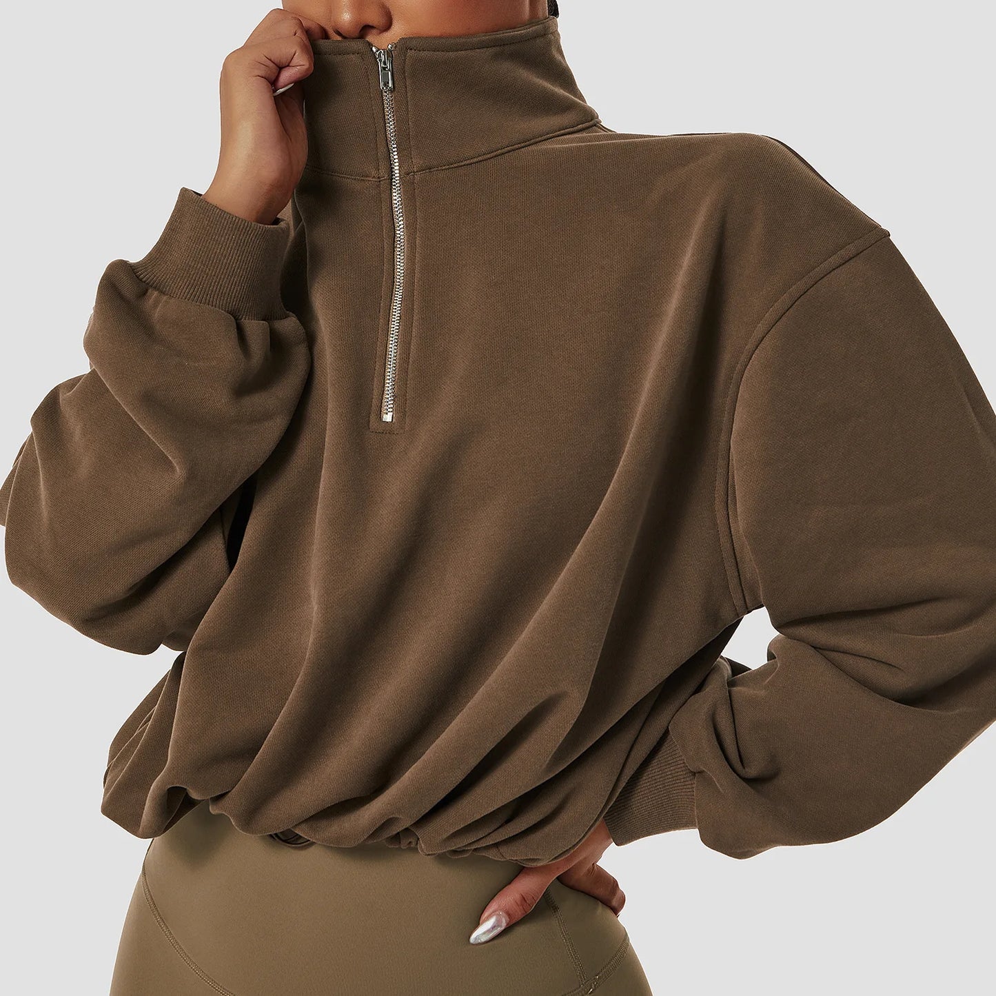 Women's Athletic Half Zip Crop Sweatshirt High Neck Long Sleeve Workout Hoodie Printed Knitted Fabric Casual Style for Autumn