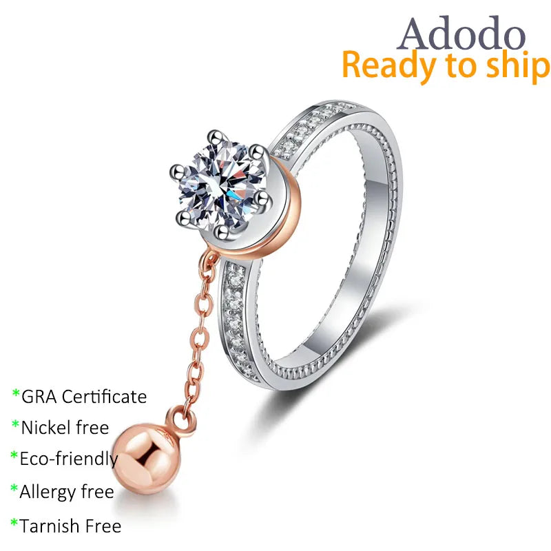 Wholesale Unique Rose Gold Plated Bell Anxiety Rotatable Chain Designer 925 Silver Round Cut 1CT VVS Moissanite Rings for Women