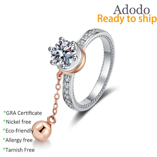 Wholesale Unique Rose Gold Plated Bell Anxiety Rotatable Chain Designer 925 Silver Round Cut 1CT VVS Moissanite Rings for Women