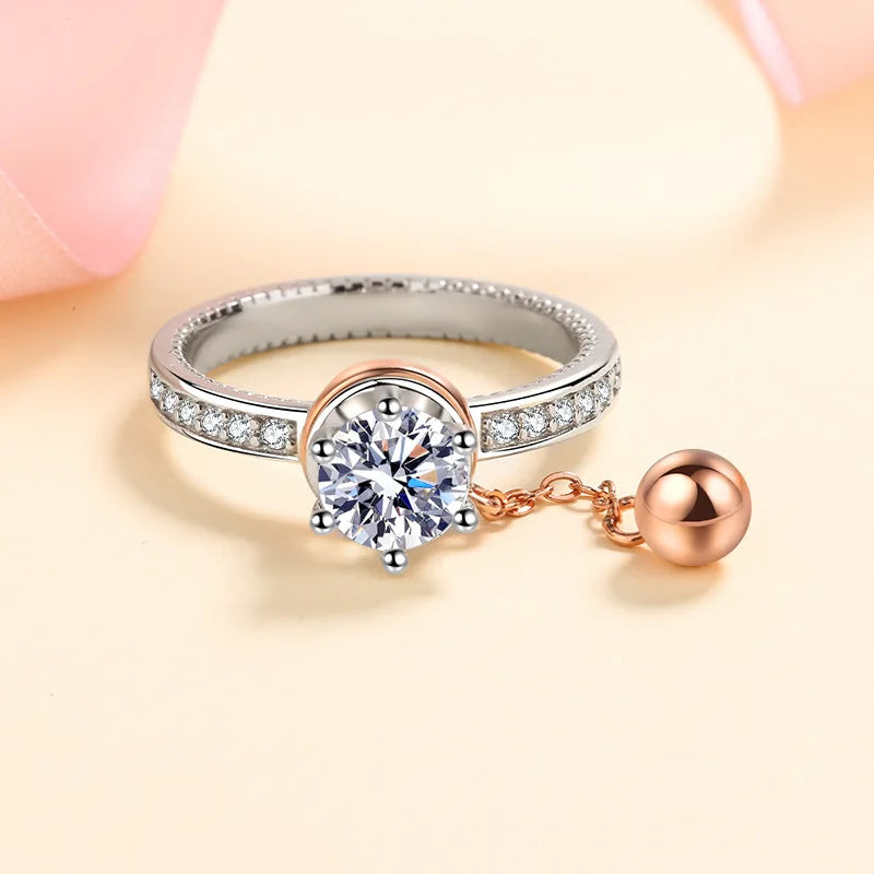 Wholesale Unique Rose Gold Plated Bell Anxiety Rotatable Chain Designer 925 Silver Round Cut 1CT VVS Moissanite Rings for Women