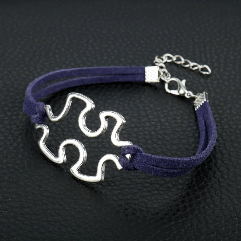 Autism Awareness Suede Leather Bracelet Puzzle Piece Charm Bracelet