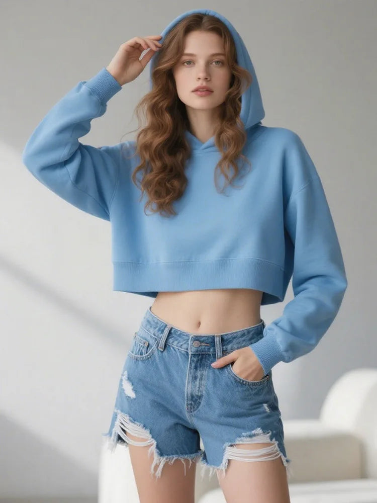 Customize Front Women's High Quality 100% Cotton Eco-Friendly Simple Solid Color Autumn/Winter Crop Hoodie Fashionable Street
