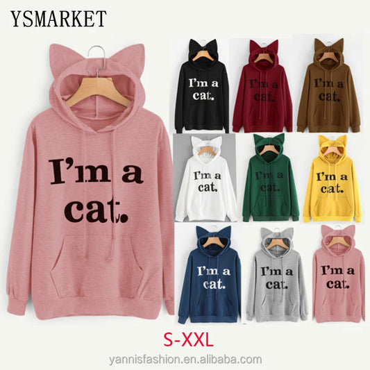 YSMARKET Women Sweatshirt Cat Slogan Print Cat Ear Kawaii Hoodie Sweatshirt  Print Cute Pullovers Long Sleeve Casual E01