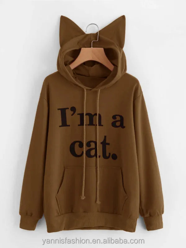 YSMARKET Women Sweatshirt Cat Slogan Print Cat Ear Kawaii Hoodie Sweatshirt  Print Cute Pullovers Long Sleeve Casual E01