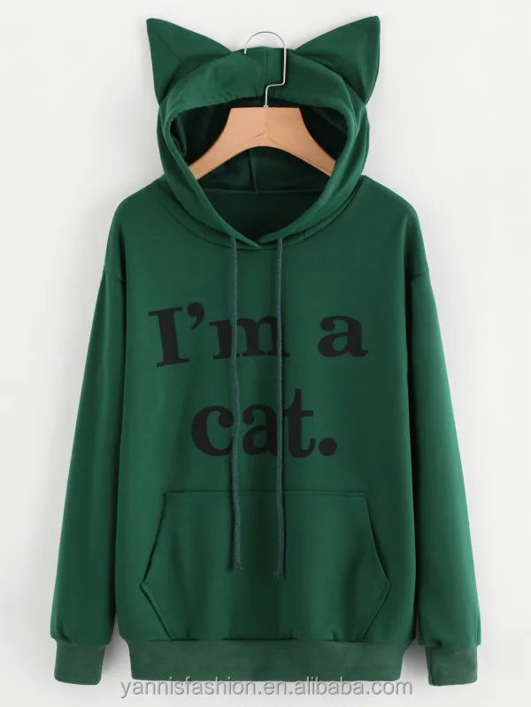 YSMARKET Women Sweatshirt Cat Slogan Print Cat Ear Kawaii Hoodie Sweatshirt  Print Cute Pullovers Long Sleeve Casual E01