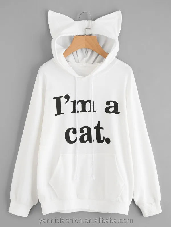 YSMARKET Women Sweatshirt Cat Slogan Print Cat Ear Kawaii Hoodie Sweatshirt  Print Cute Pullovers Long Sleeve Casual E01