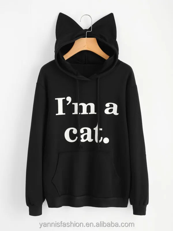 YSMARKET Women Sweatshirt Cat Slogan Print Cat Ear Kawaii Hoodie Sweatshirt  Print Cute Pullovers Long Sleeve Casual E01