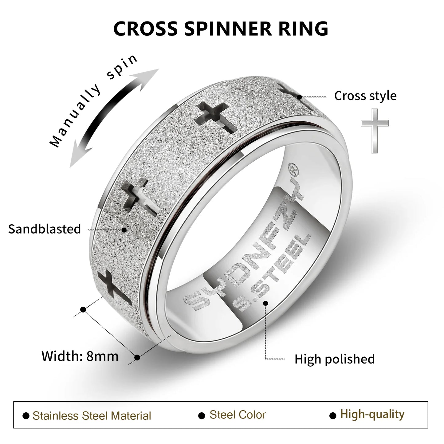8mm Rotating Cross Stainless Steel Ring Silver/Gold Anxiety Relief Ring Sizes 7-11 for Wedding Gifts Parties