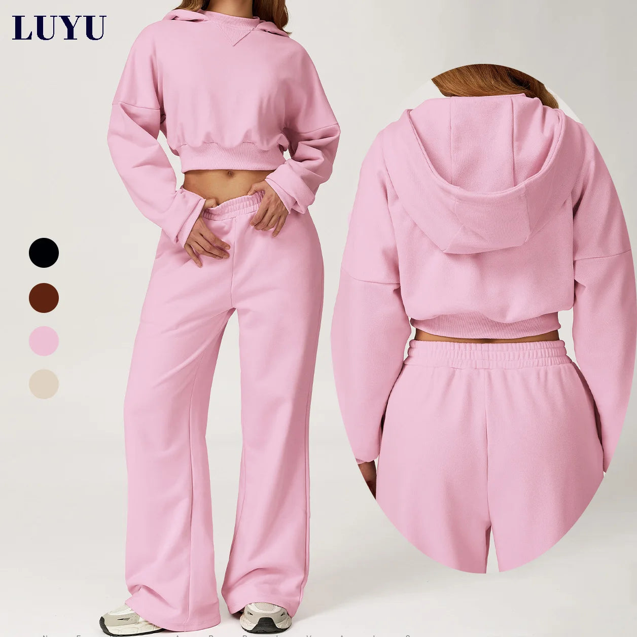 2026 Spring Women Workout Leisure Hoodies&Sweatpants Set Loose-fit Cropped Jogging Sportswear Tracksuits