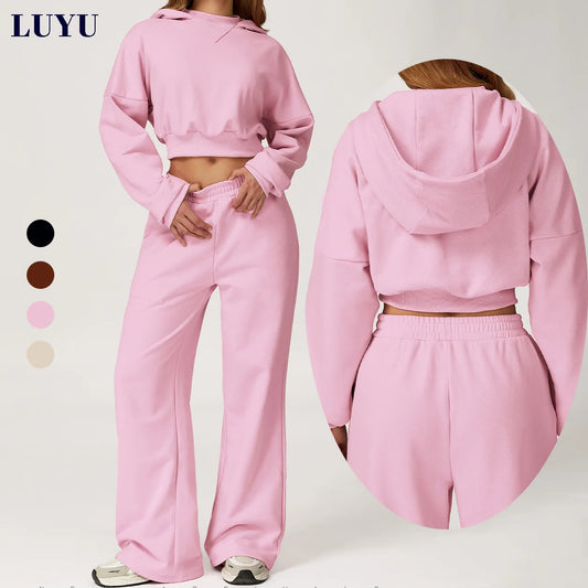 2026 Spring Women Workout Leisure Hoodies&Sweatpants Set Loose-fit Cropped Jogging Sportswear Tracksuits