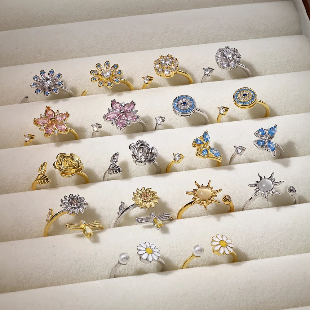 Dylam Trendy Rotating Spinning Anxiety Women Ring Jewelry 18K Gold Plated Custom Sun Flower S925 Sterling Silver Spinner Rings