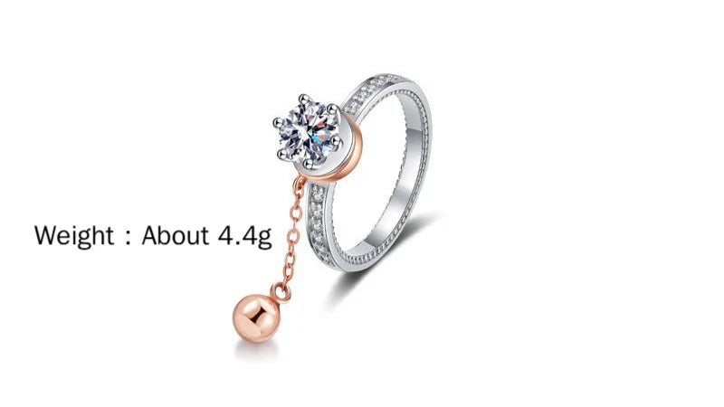 Wholesale Unique Rose Gold Plated Bell Anxiety Rotatable Chain Designer 925 Silver Round Cut 1CT VVS Moissanite Rings for Women