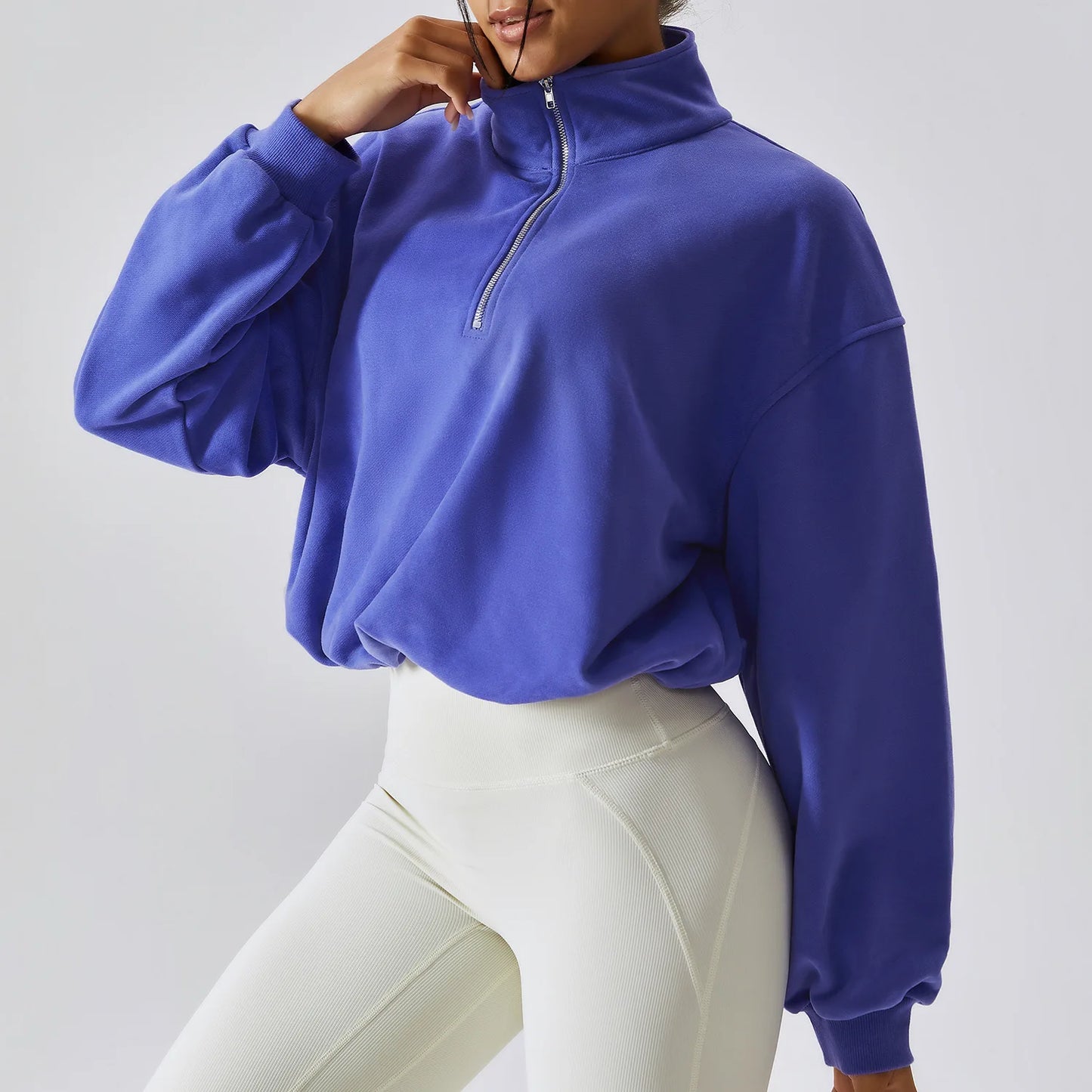 Women's Athletic Half Zip Crop Sweatshirt High Neck Long Sleeve Workout Hoodie Printed Knitted Fabric Casual Style for Autumn