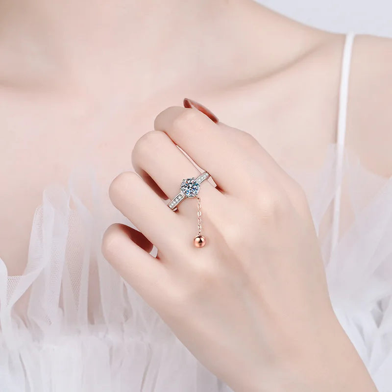 Wholesale Unique Rose Gold Plated Bell Anxiety Rotatable Chain Designer 925 Silver Round Cut 1CT VVS Moissanite Rings for Women
