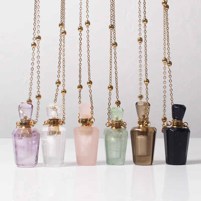Reiki Natural White Crystal Amethyst Perfume Essential Oil Bottle Aromatherapy Hair Powder Empty Bottle Fashion Pendant Necklace