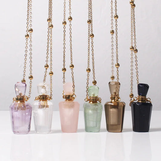 Reiki Natural White Crystal Amethyst Perfume Essential Oil Bottle Aromatherapy Hair Powder Empty Bottle Fashion Pendant Necklace
